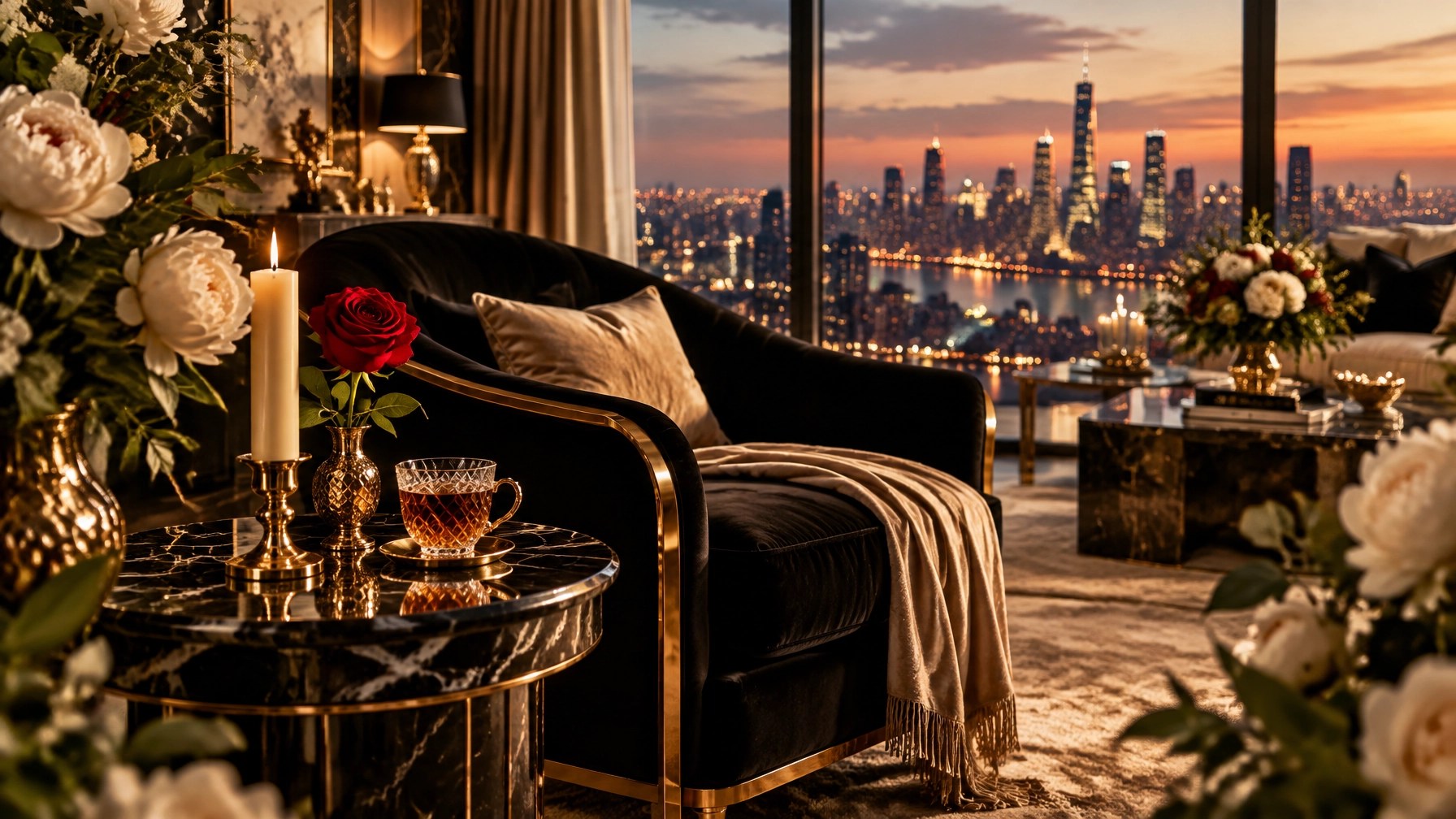 Black velvet penthouse with gold marble table, red rose and candlelight symbolizing feminine energy and manifesting love