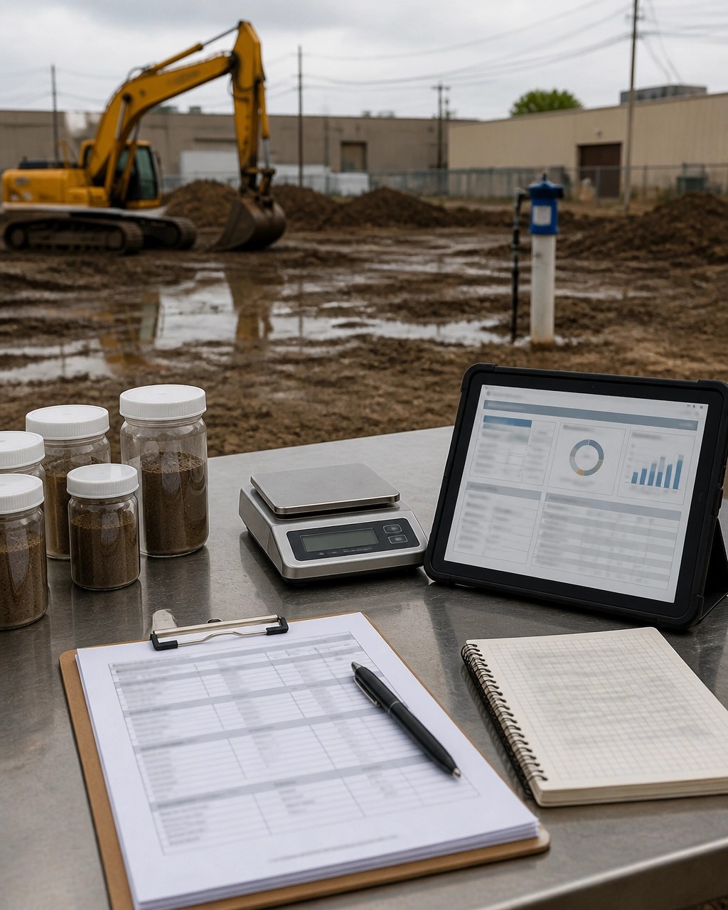 Brownfield remediation documentation with sample containers, field records, and cost-tracking technology