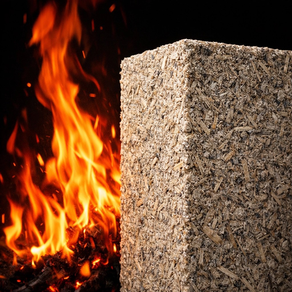 Fire-resistant hempcrete material withstanding flames showing superior fire safety performance