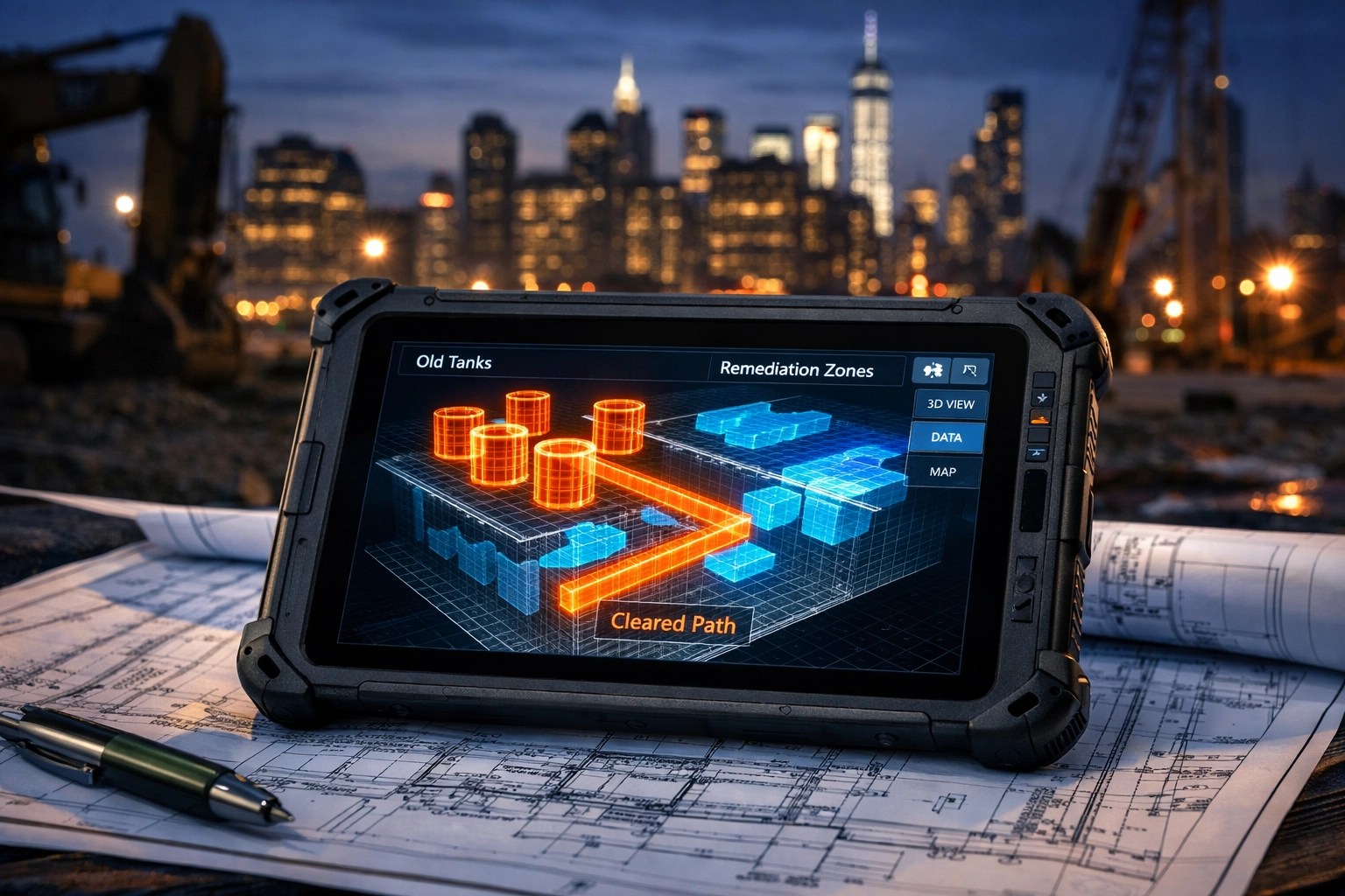 Digital field tablet showing 3D subsurface remediation model for NYC environmental site assessment.