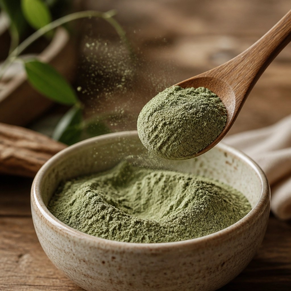 A wooden spoon scooping fine green clay powder from a ceramic bowl