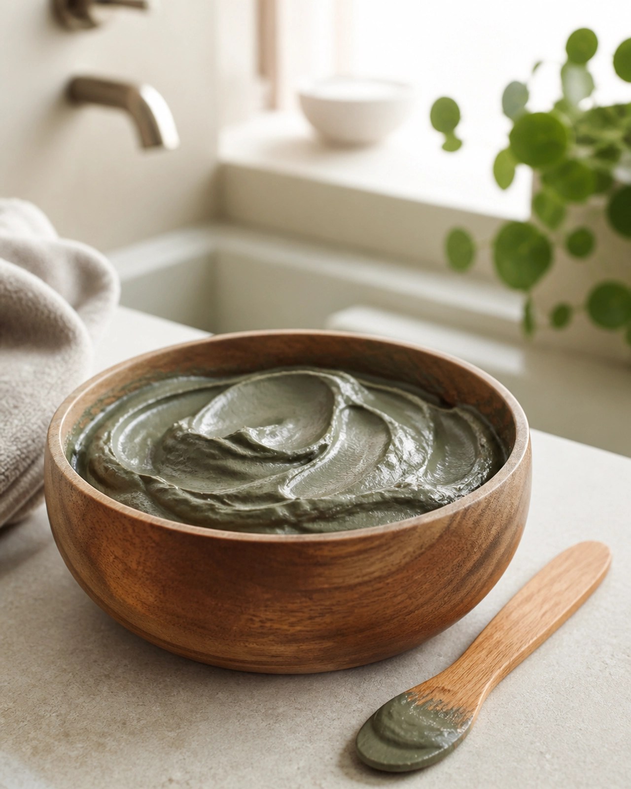Green clay in a wooden bowl