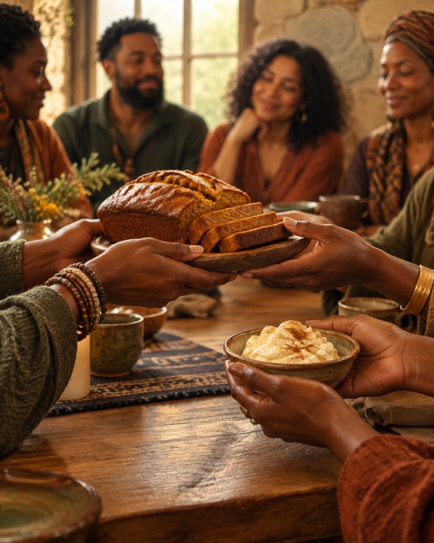 Adults of color passing pumpkin spice bread and cinnamon butter around a closing circle