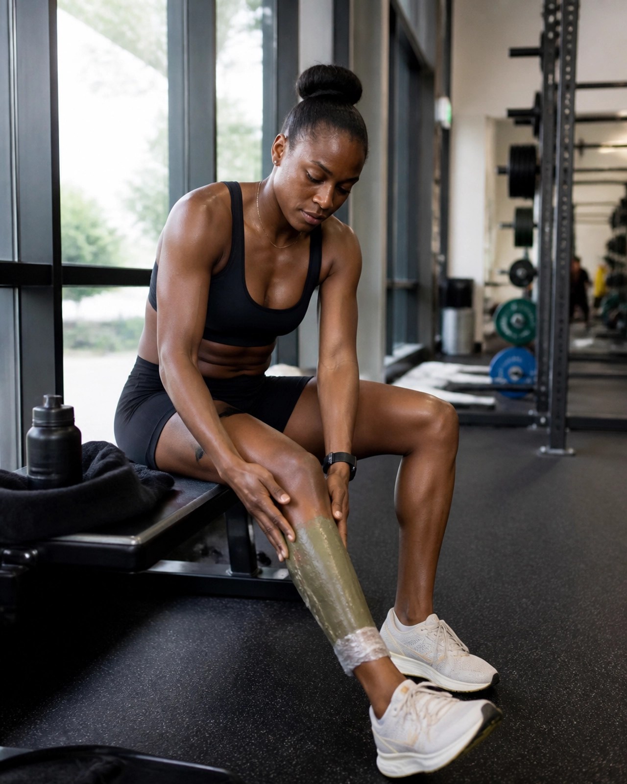 Athlete with a clay wrap on their leg for recovery