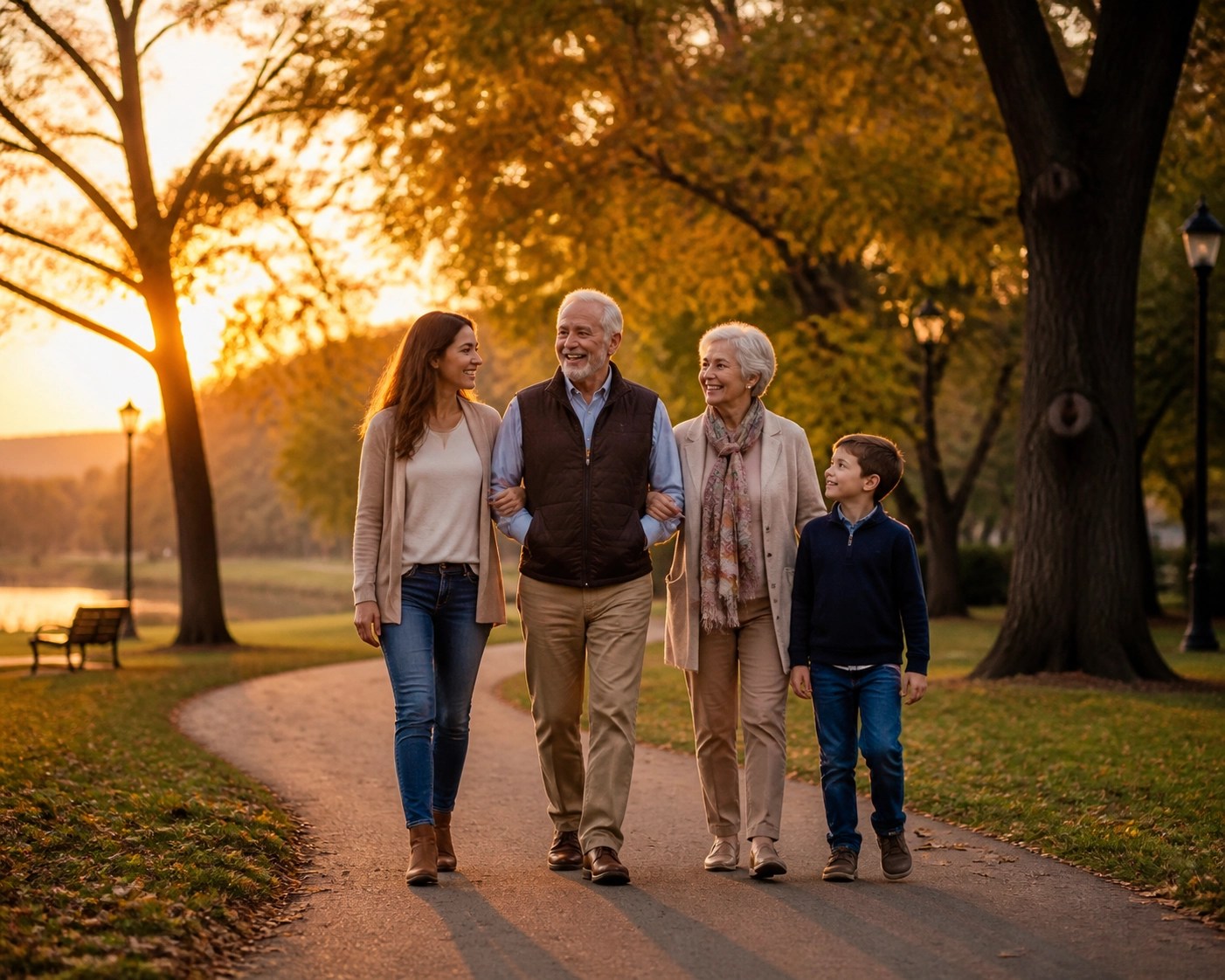 Seniors walking happily with family in a park, illustrating the legacy and protection of burial insurance.