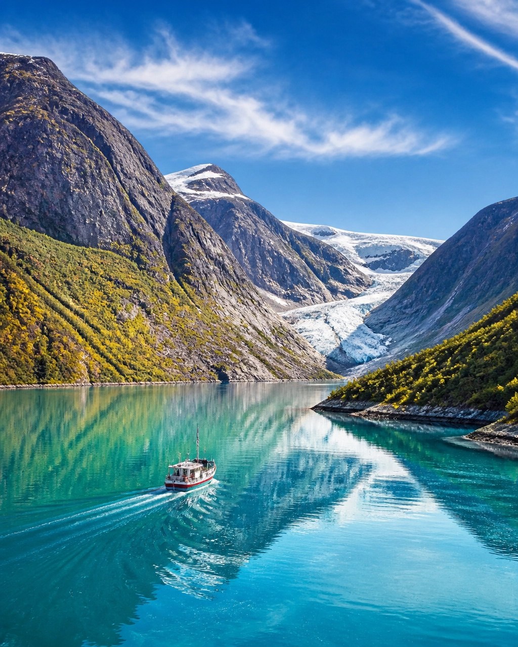 A turquoise glacial lake in Norway’s Vestland region, surrounded by mountains and a glacier in bright daylight