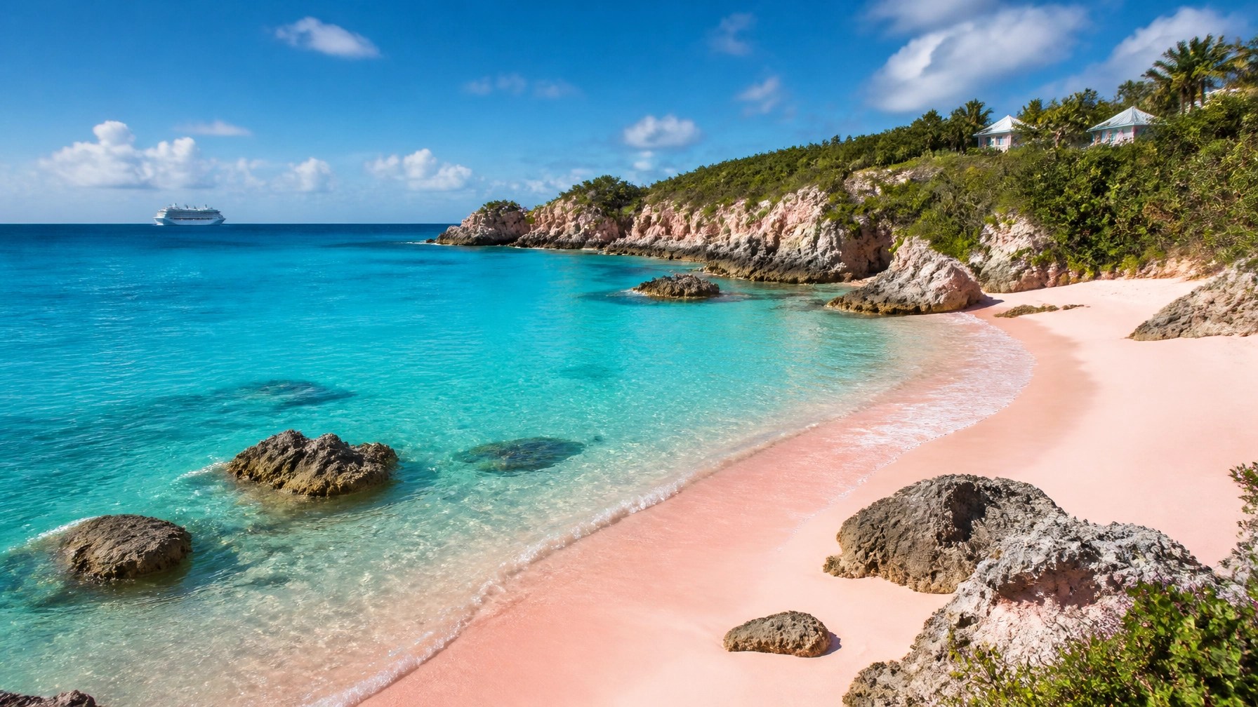 Pink-sand Bermuda beach with turquoise water and pastel coastline