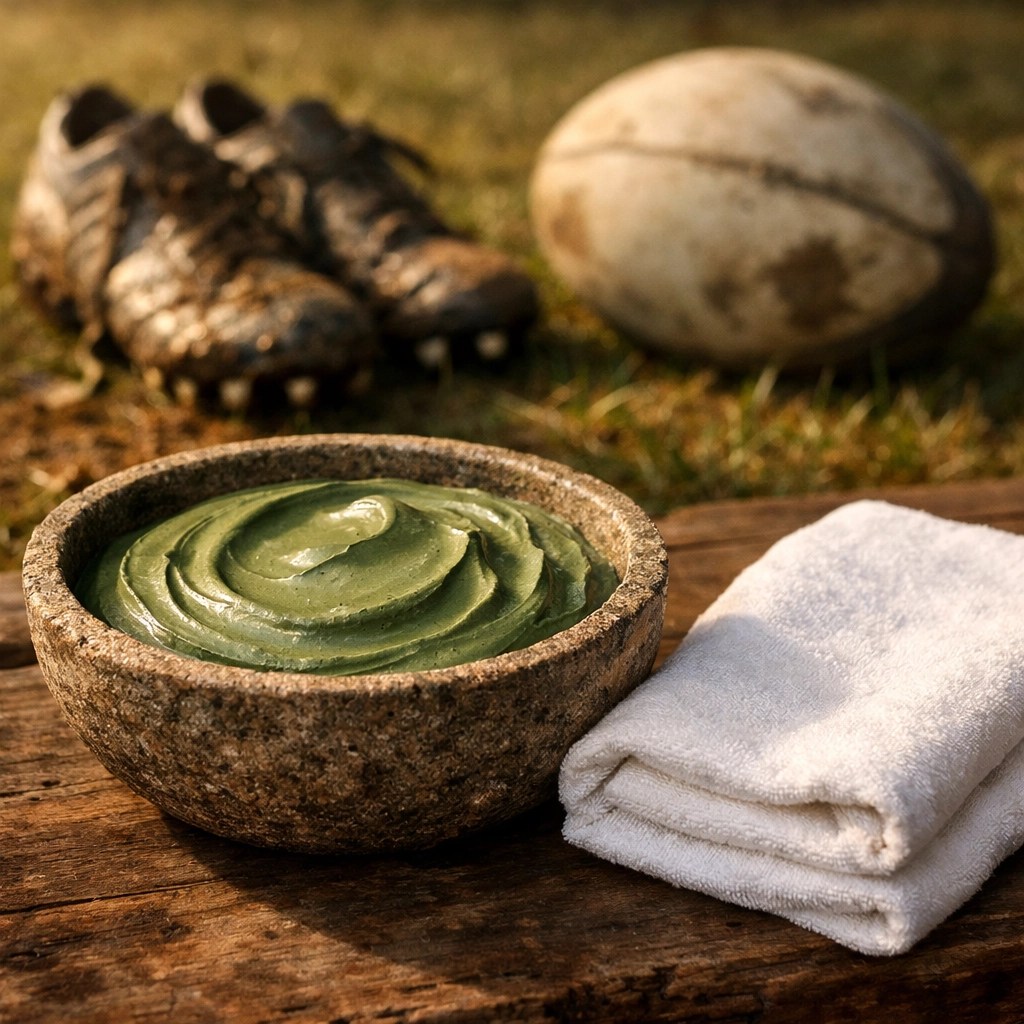 A bowl of French green mineral clay for rugby recovery next to muddy boots on the field.
