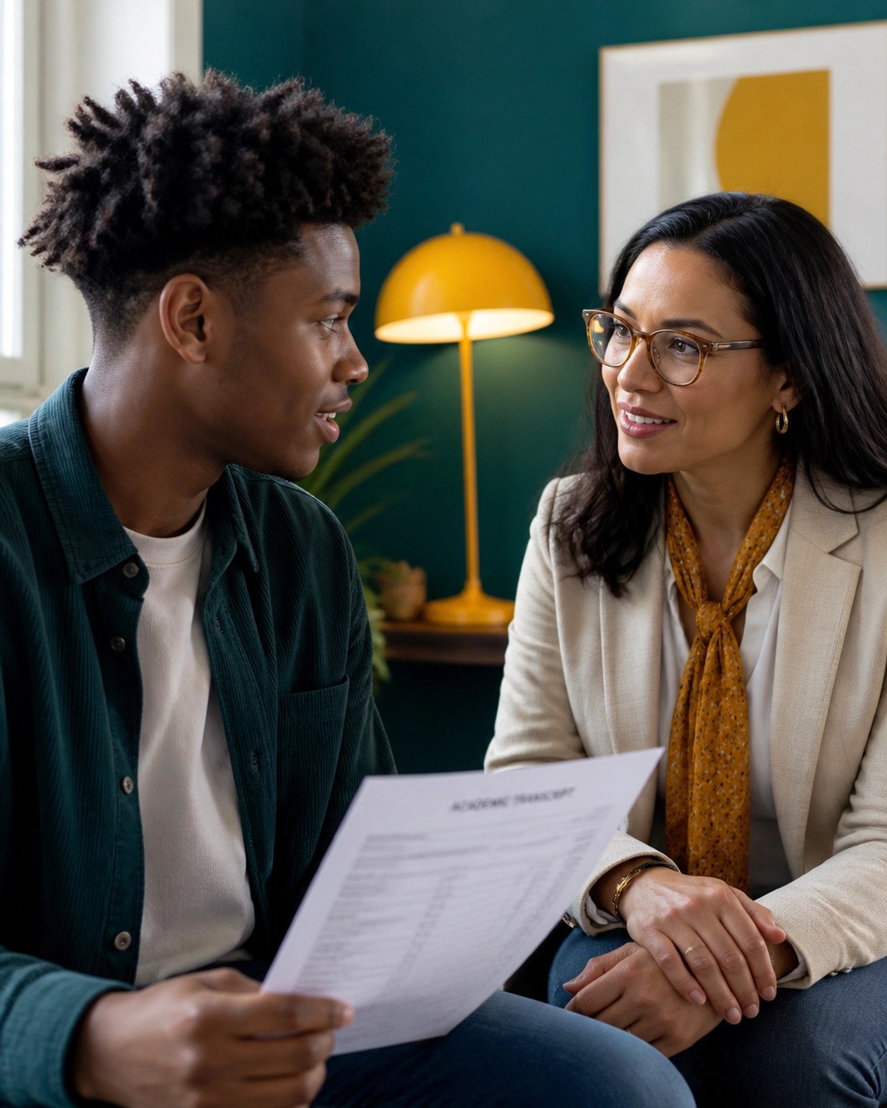 A student and a mentor having a positive conversation in a modern office, highlighting the importance of advocacy.