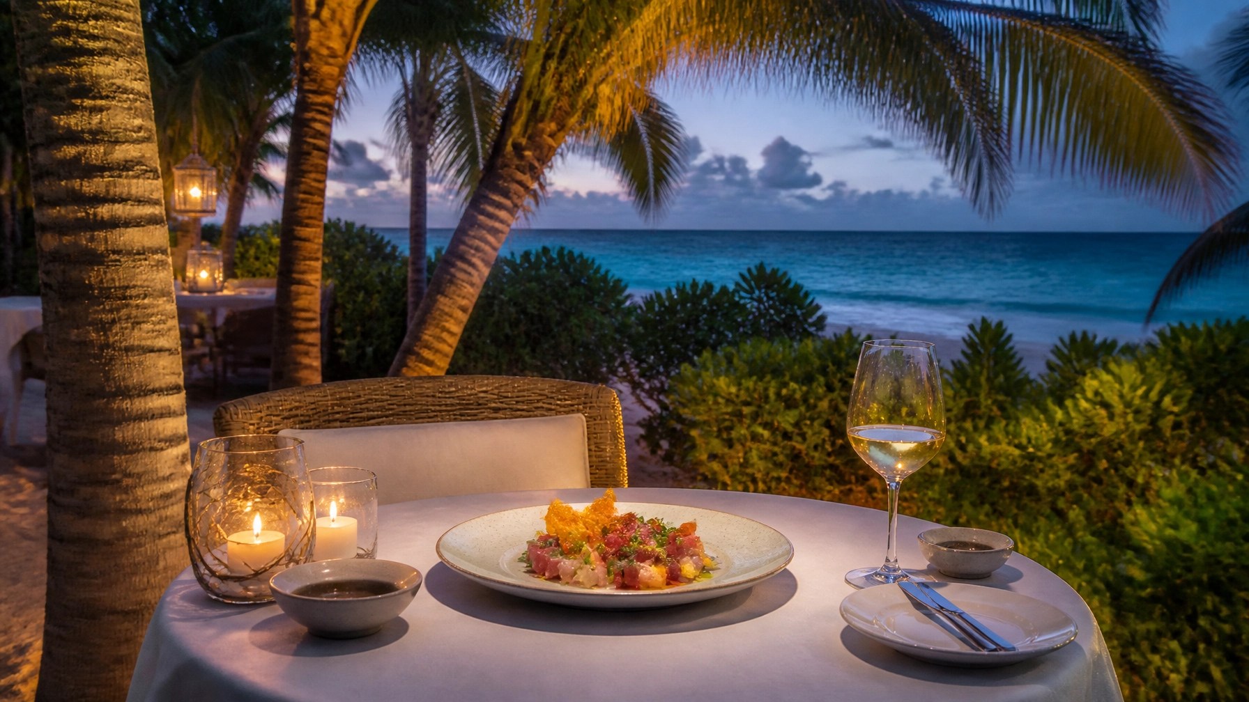 Intimate Turks and Caicos seafood dinner setting beneath coconut palms at blue hour