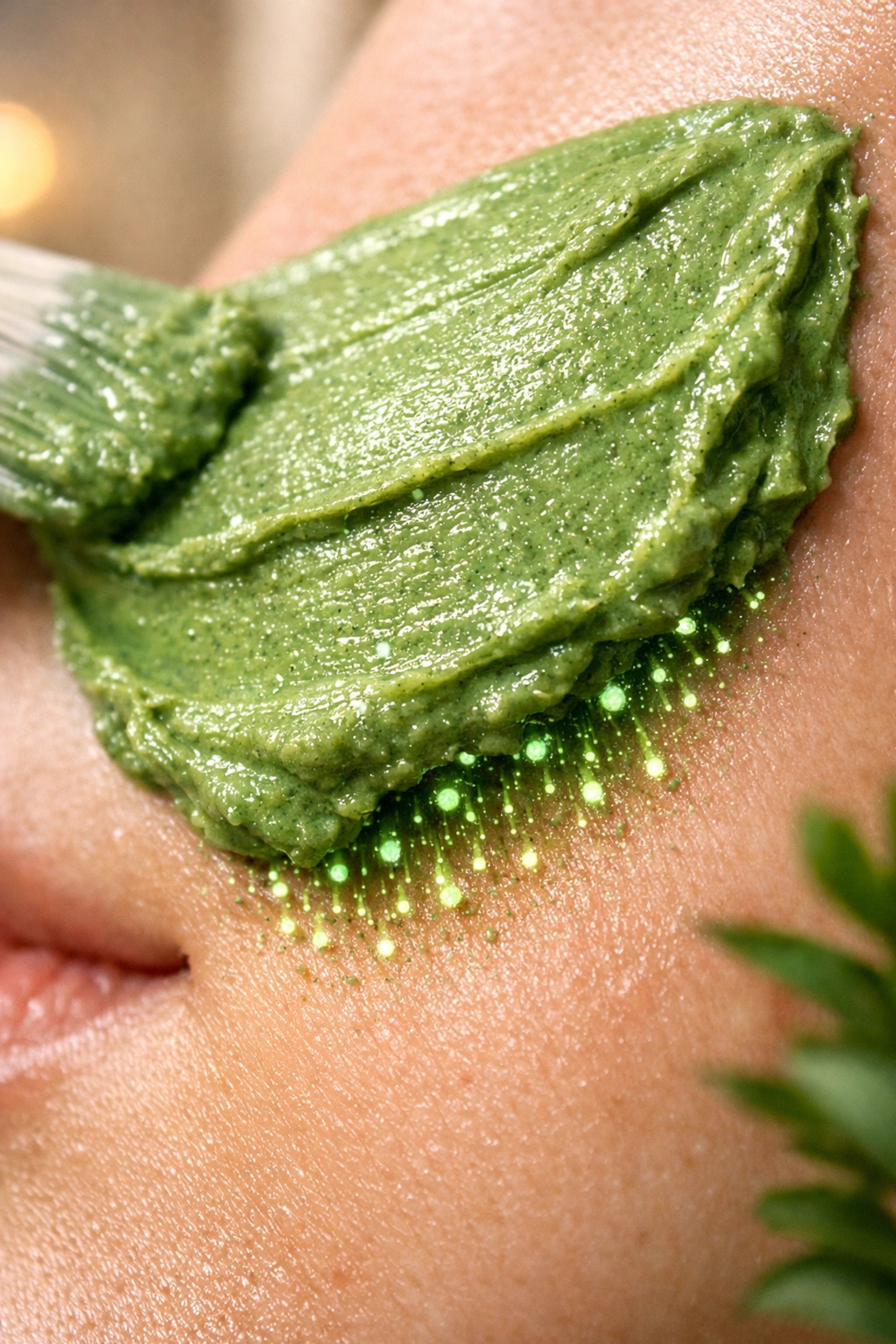 Applying a thick green illite clay mask for a natural detox and pore cleansing treatment.