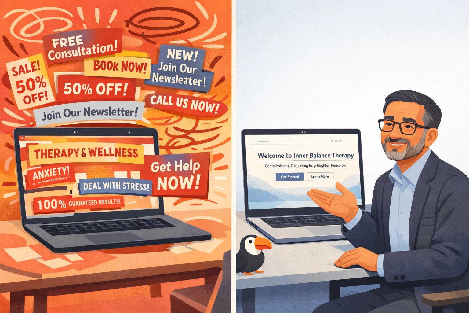 Side-by-side comparison of cluttered versus simple therapy website design showing how clear layouts reduce cognitive load and build trust