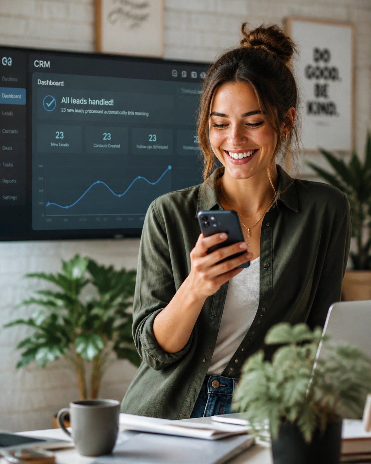 A small business owner looking happy and relieved while checking their phone, knowing their CRM is handling the work.