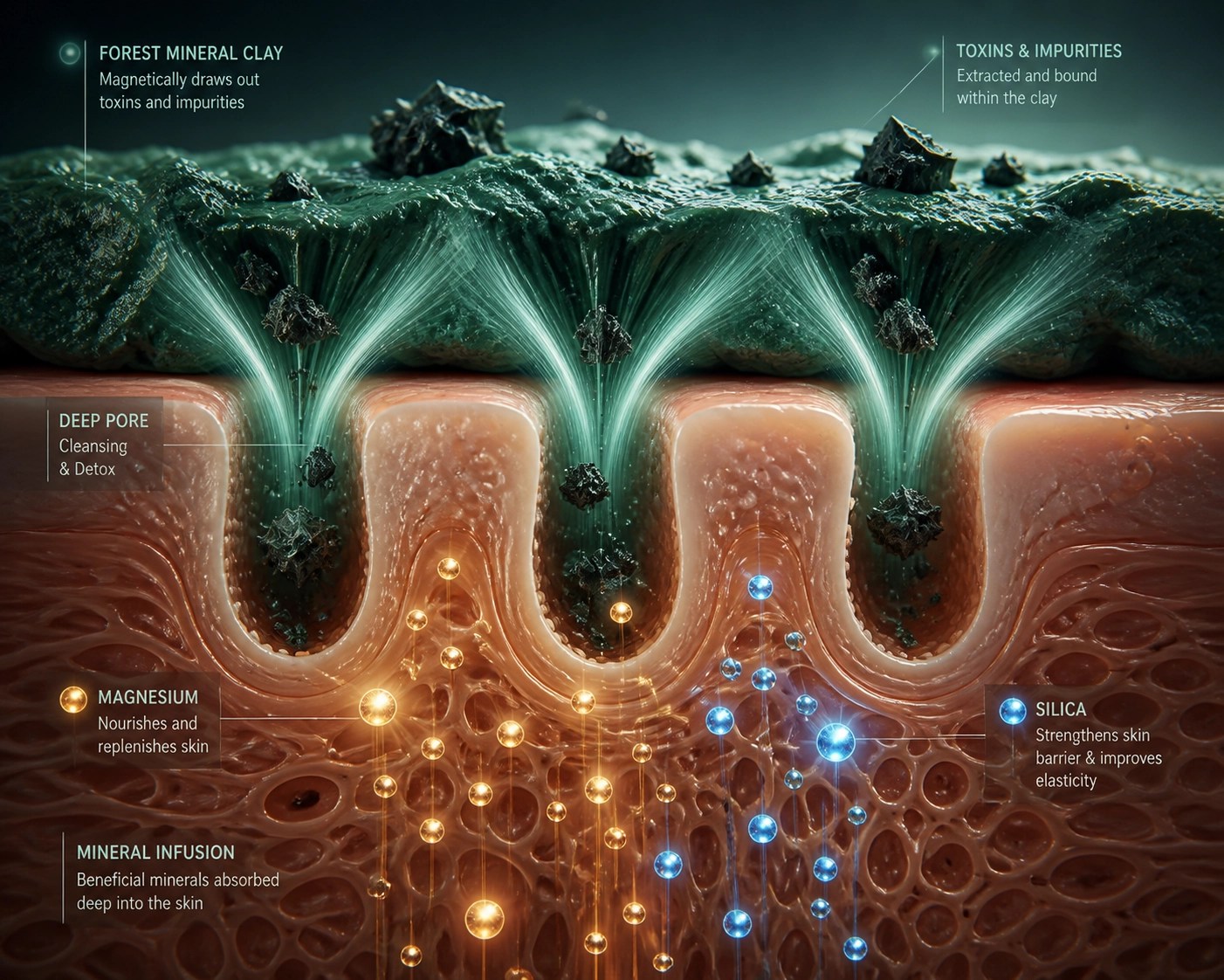 Microscopic view of French Green Clay drawing out skin toxins while absorbing healing minerals.