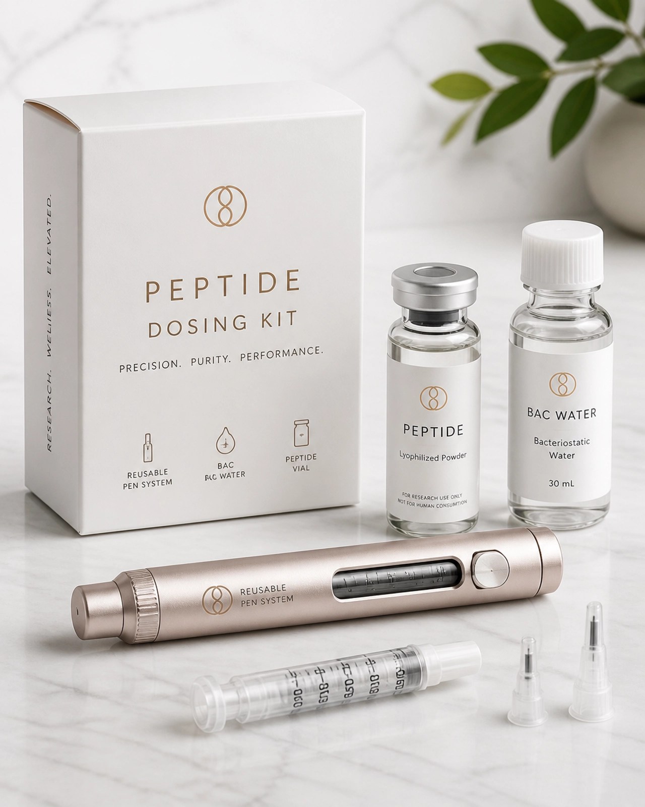 A professional peptide dosing kit with a pen system and vials