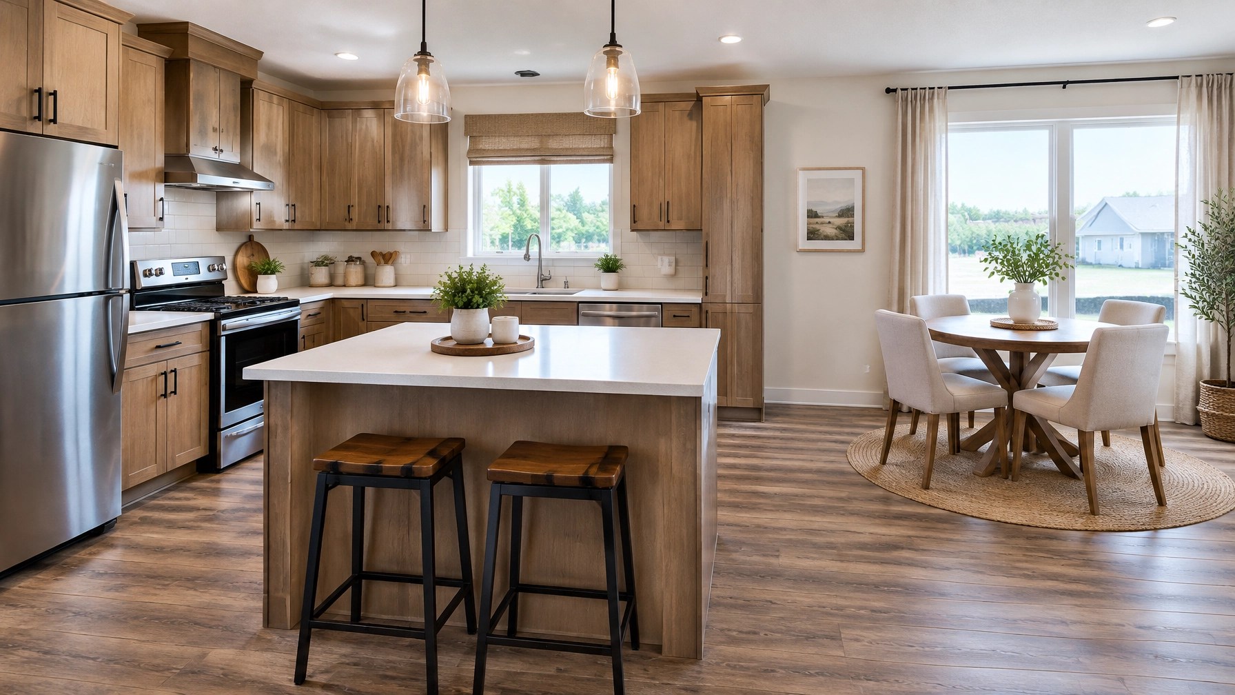 Bright, modern manufactured-home kitchen with a dining area
