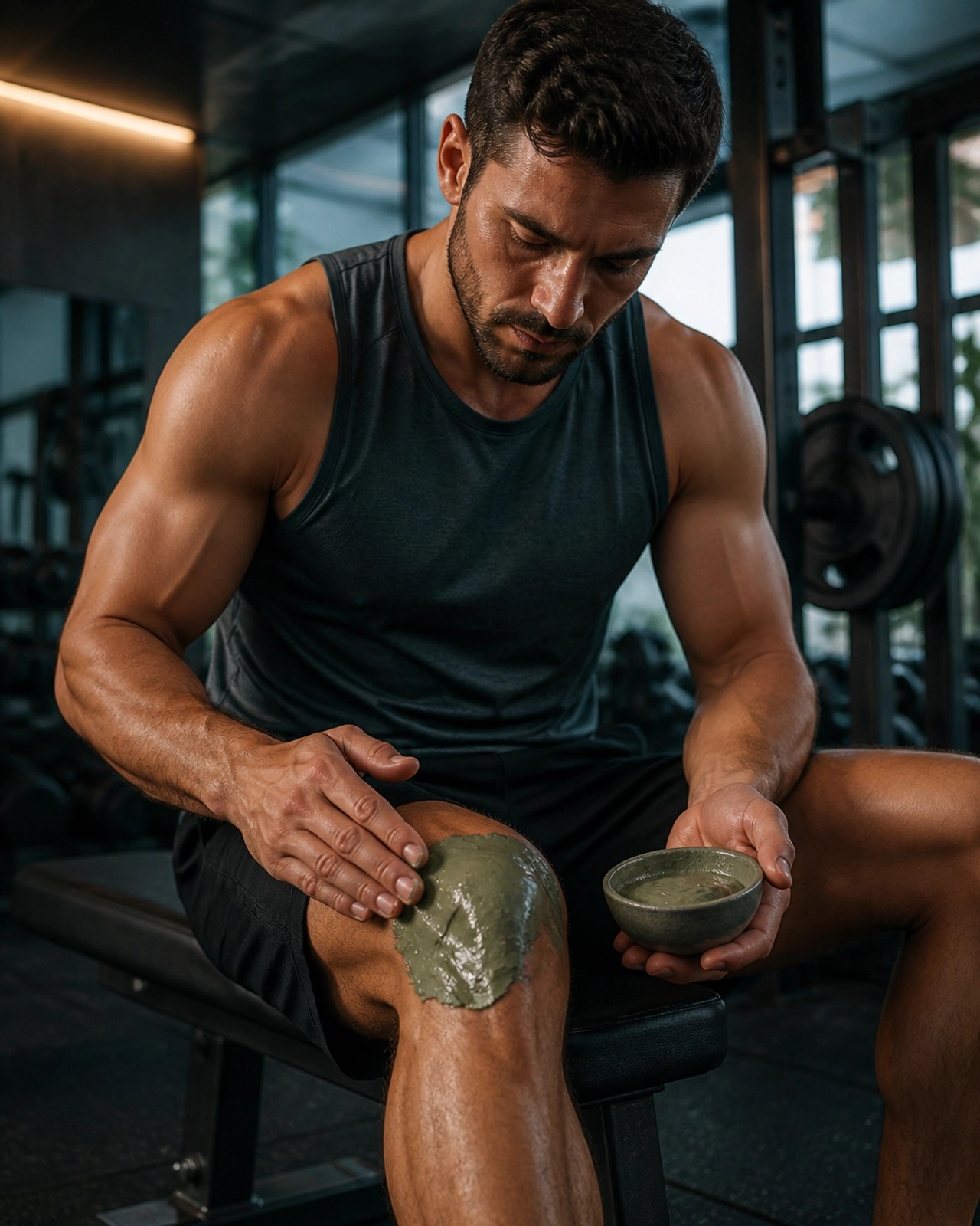 An athlete applying a thick, natural green clay paste to their sore knee in a gym setting.