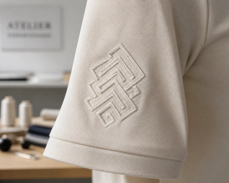 Close-up of premium tonal embroidery on a custom polo shirt sleeve showing high-end branded merchandise.
