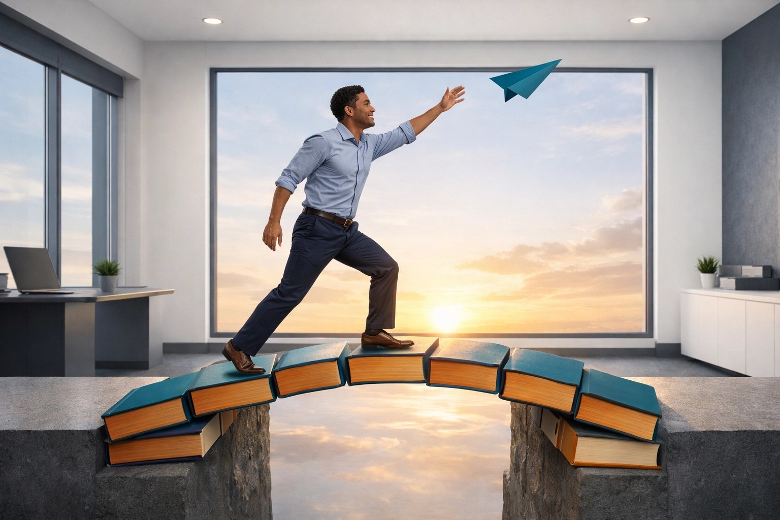 Professional walking across a bridge of books toward success, representing intrapreneurship and human capital.