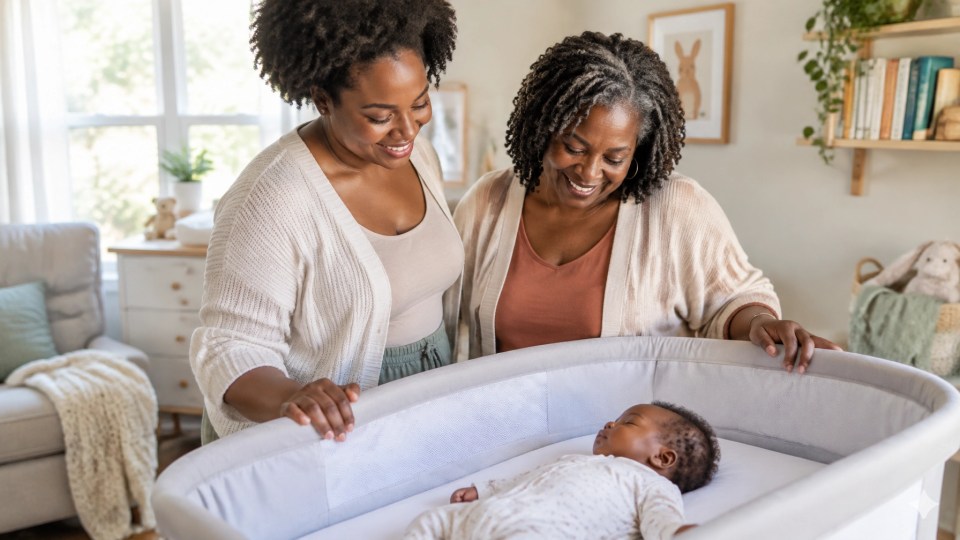 safe sleep for Black babies: a Black mother and grandmother smile together beside a sleeping baby’s clear bassinet