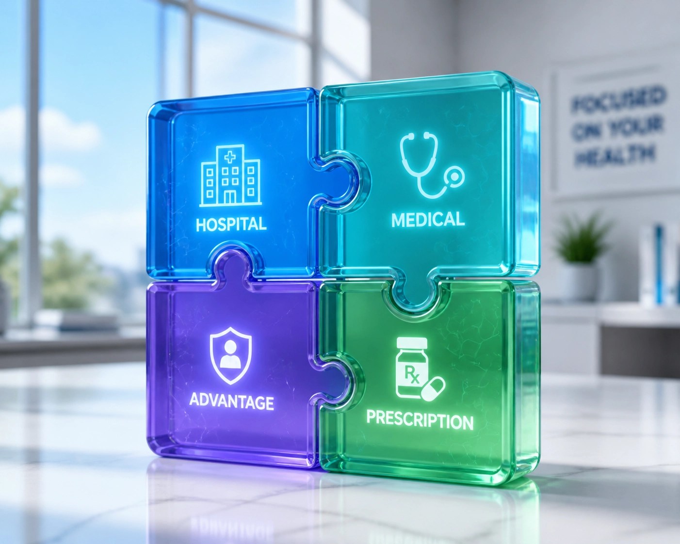 Interlocking building blocks showing the different parts of Medicare coverage including hospital and medical insurance.