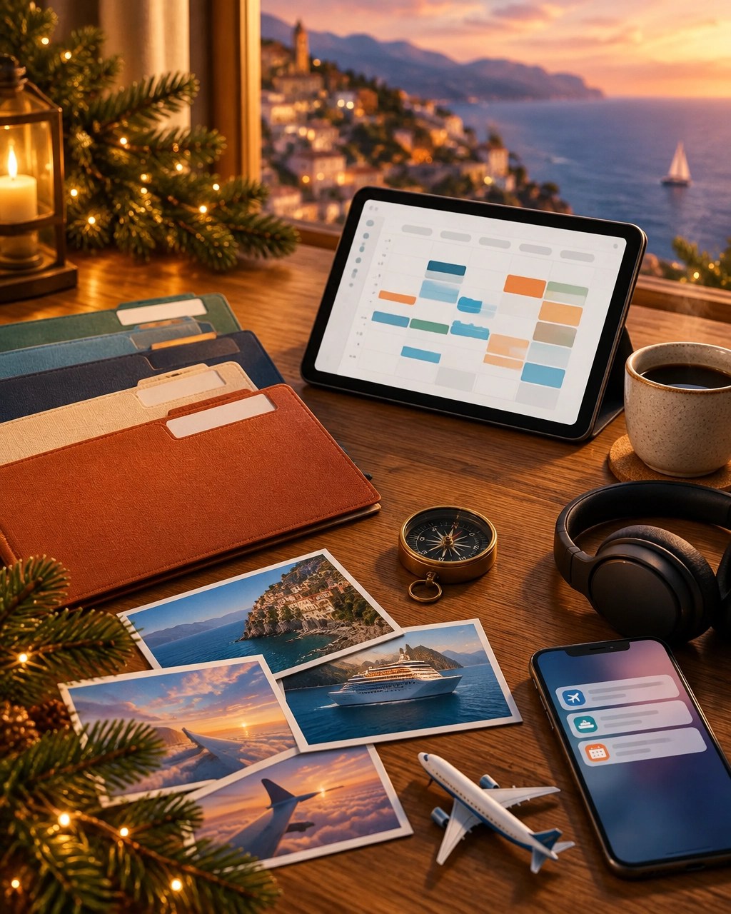 Warm, organized behind-the-scenes holiday travel planning desk