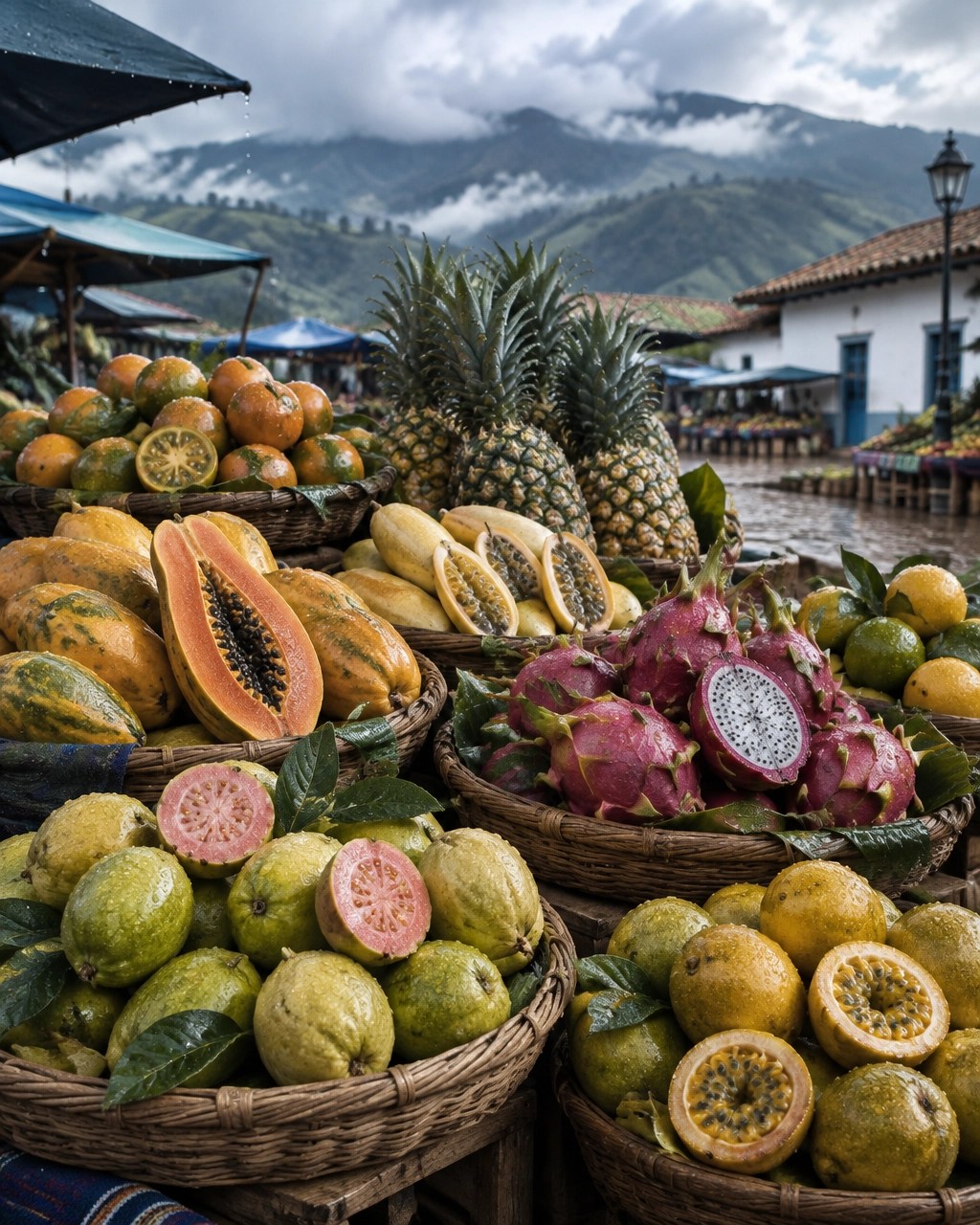 Mercado colombiano de frutas tropicales durante la temporada de lluvias de septiembre