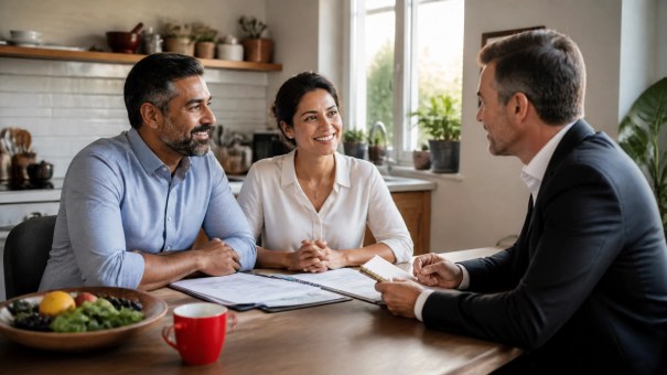 Insurance advisor listening to a couple discuss goals and concerns at a kitchen table