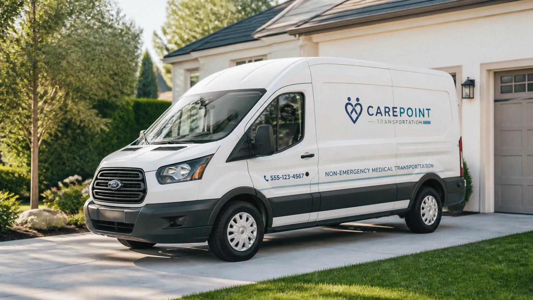A professional medical transport van in a suburban setting