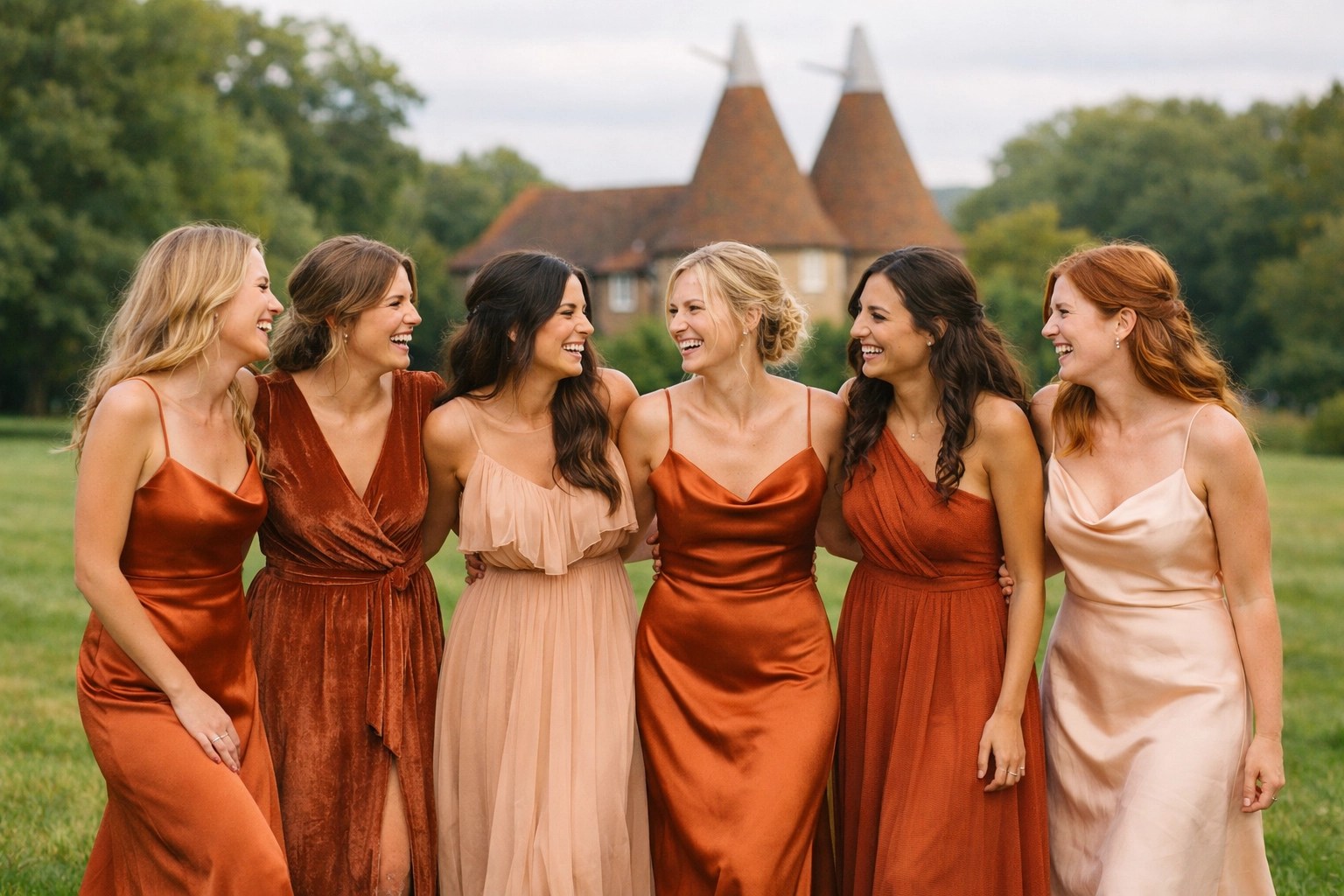 Modern bridesmaids in mismatched terracotta and peach dresses at a scenic Kentish estate wedding.