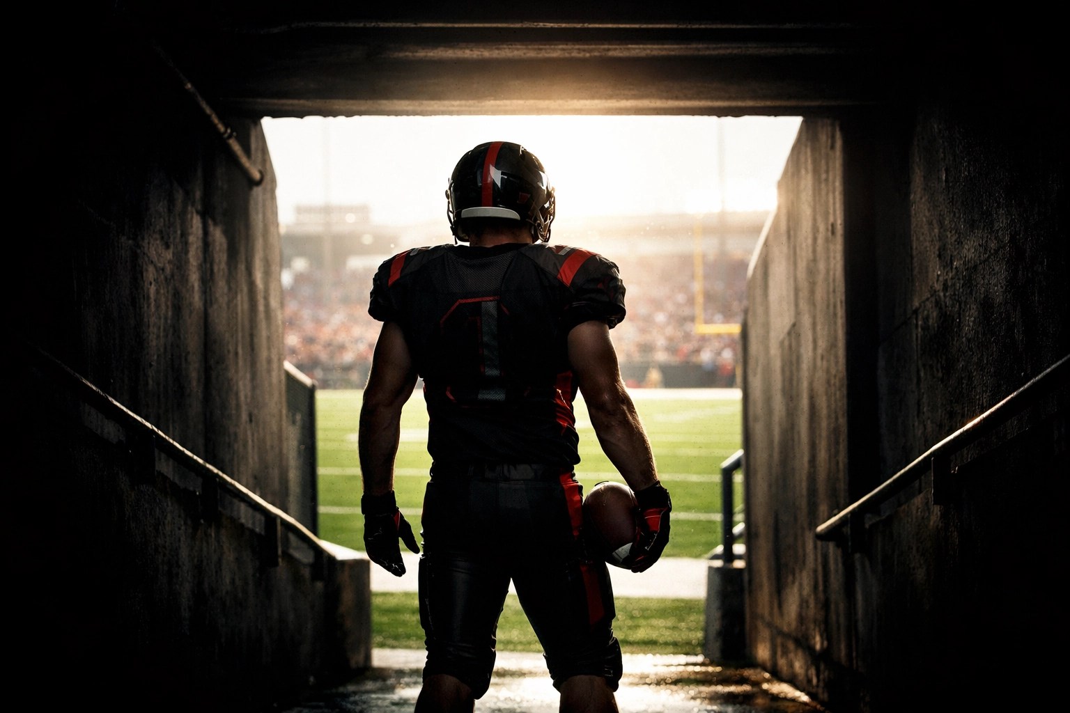 High school football player looking toward a college field, representing Atlanta recruiting goals.