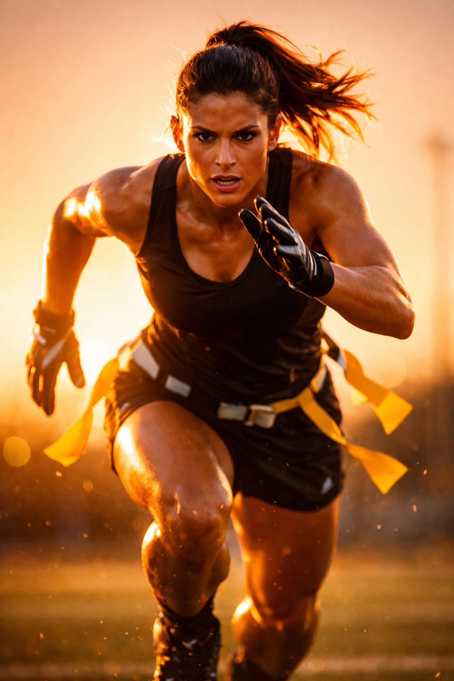 Female athlete sprinting during an Atlanta girls flag football practice at sunset.