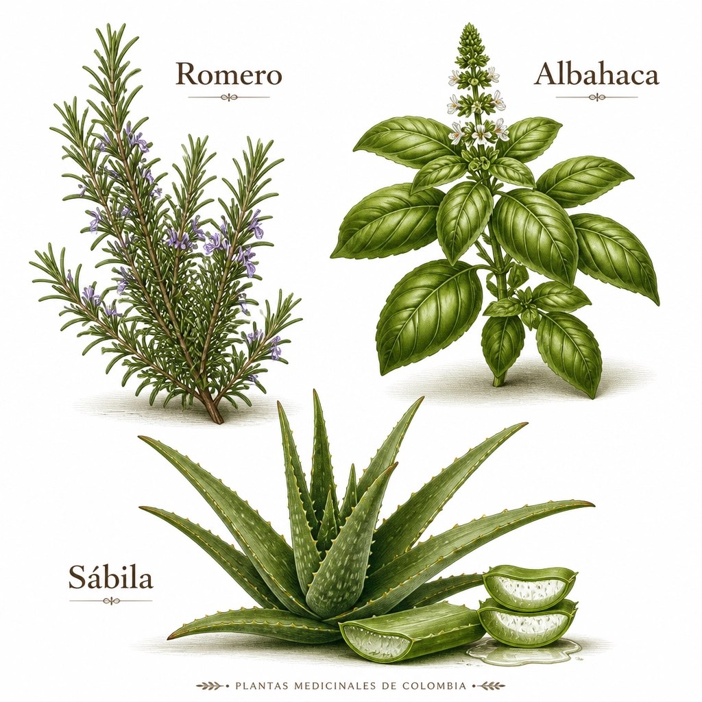 Ilustración botánica de Romero, Albahaca y Sábila colombianas