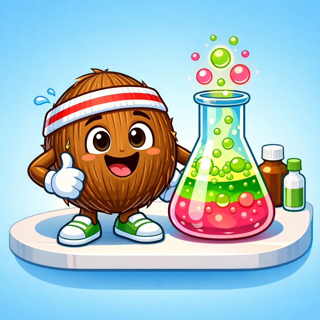 Illustration of coconut and laboratory beaker representing natural and synthetic deodorant chemistry for men.