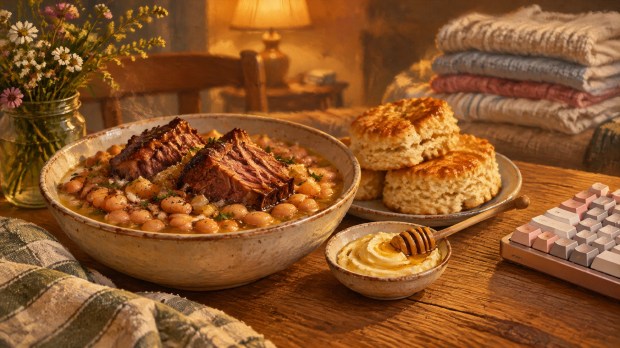 Warm still life of Great Northern beans and smoked neckbones, biscuits with honey butter, folded laundry, and a pink-and-silver compact keyboard