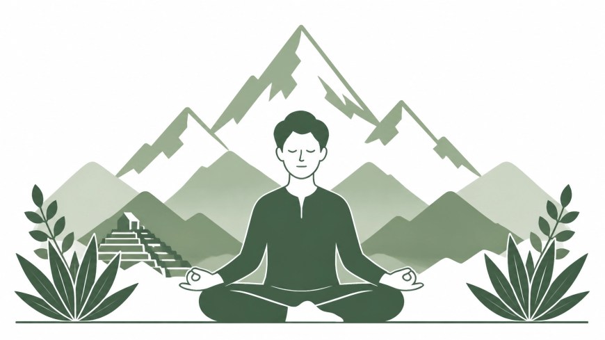 Ilustración minimalista de meditación y serenidad mental en las montañas