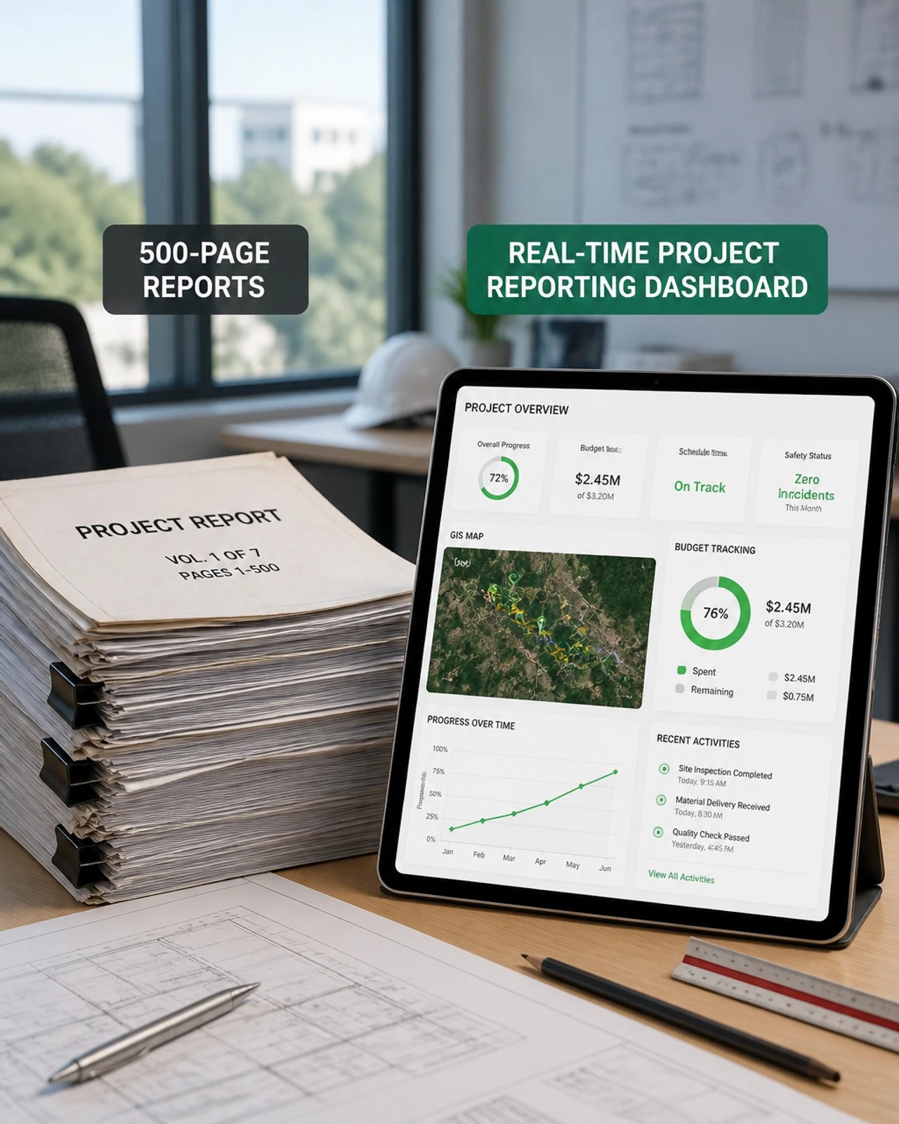 Comparison between dusty paper reports and a sleek real-time project dashboard