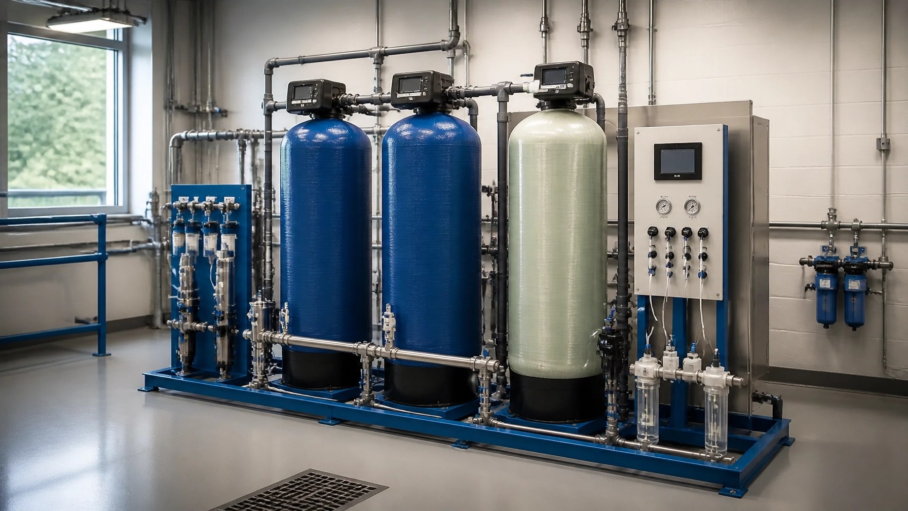 Pilot-scale PFAS treatment skid with granular activated carbon and ion exchange vessels in a municipal utility room