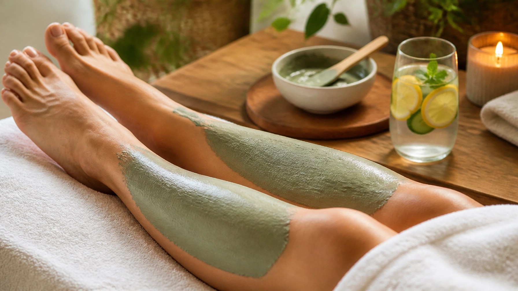 A serene home recovery setup with green clay applied to the legs