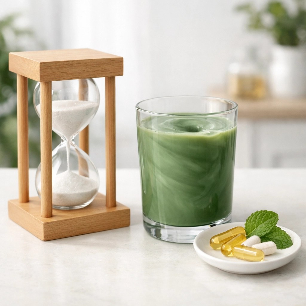 A glass of clay detox water next to supplements and an hourglass to show proper timing for healing.