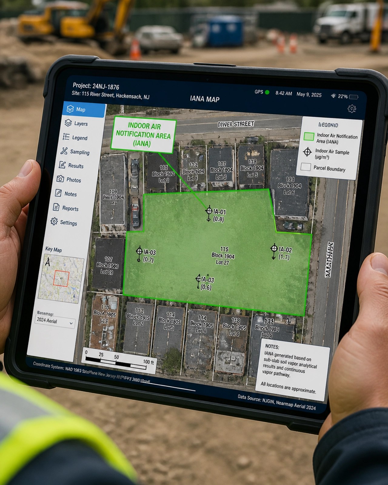 Technical GIS mapping interface showing an Indoor Air Notification Area overlay on an urban site plan