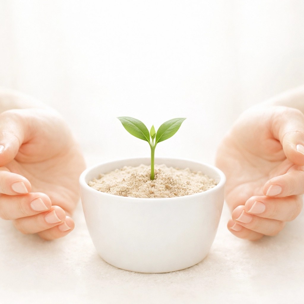 Feminine hands surrendered over a seedling, representing trust in God's grace for growth and prosperity.