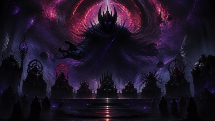 Dark ominous cosmic throne room with shadowy figures representing the United Alliance of Evil