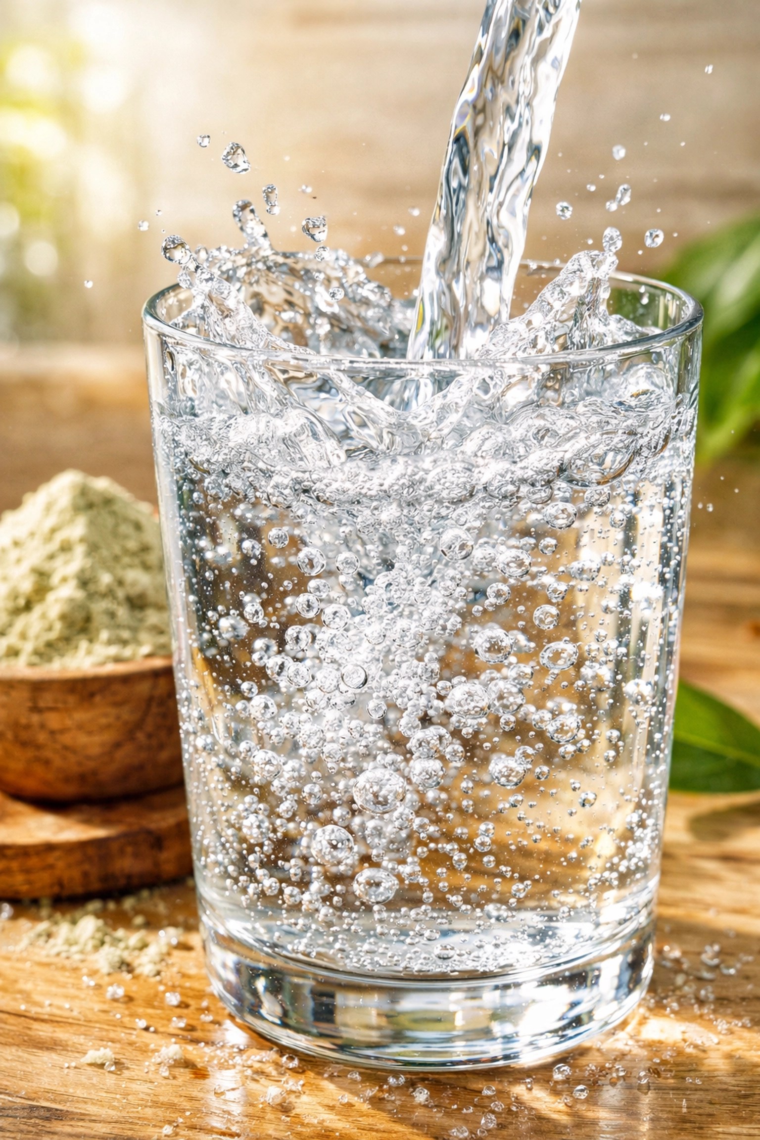 A glass of water being filled next to food grade clay powder, illustrating hydration for a clay detox.
