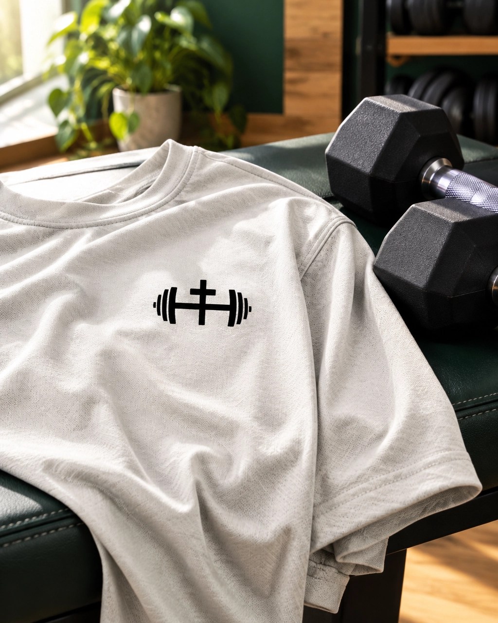 Close-up of premium activewear beside dumbbells on a clean gym bench