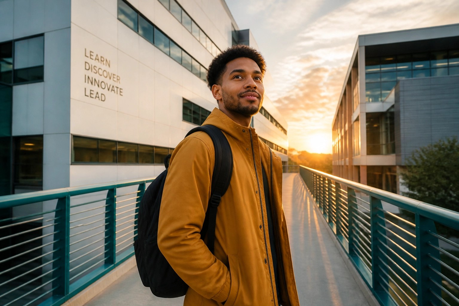 Confident student on a modern campus bridge symbolizing a career launchpad and education success.