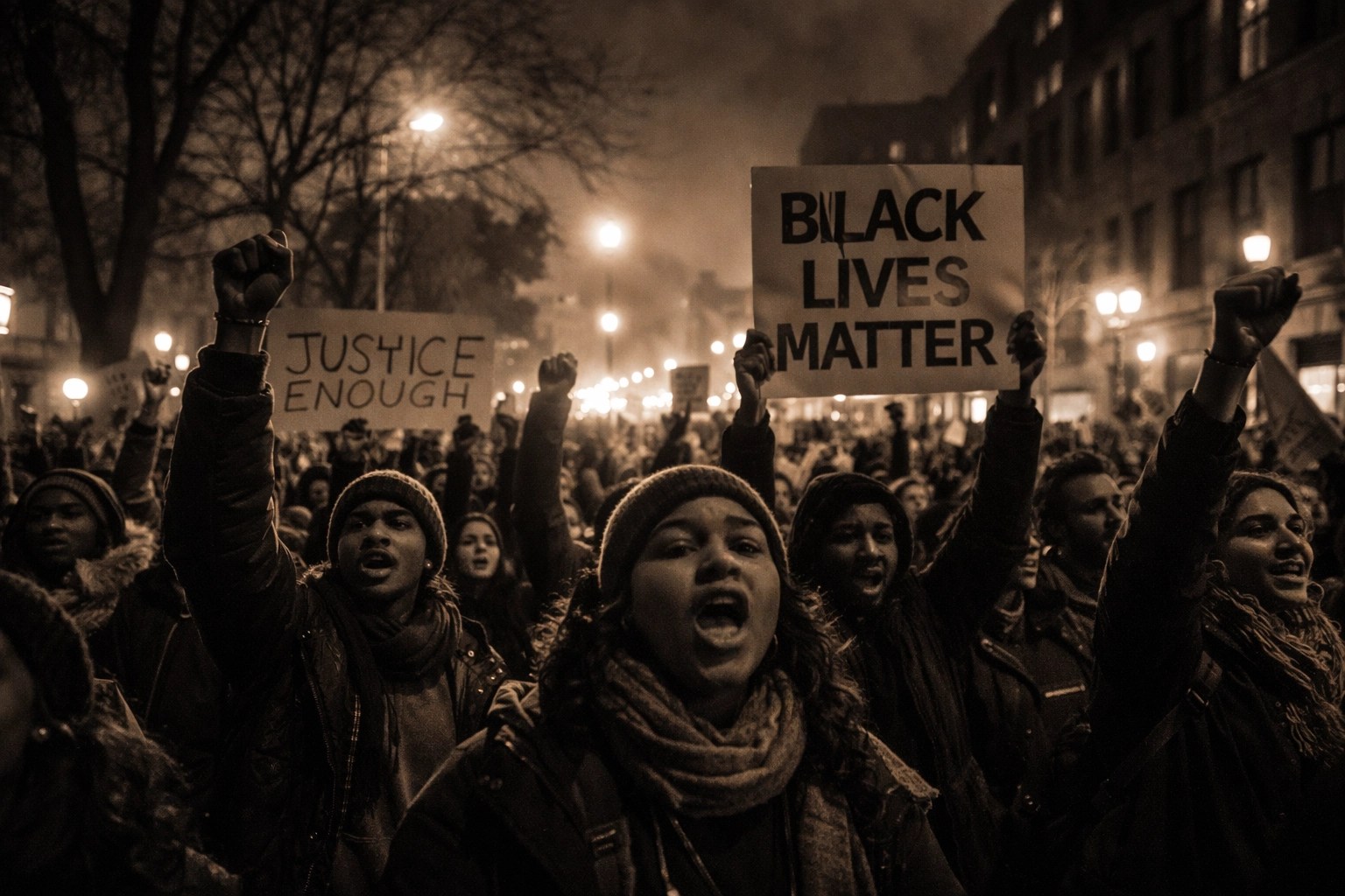 Protesters march at night in Minneapolis, holding signs and raising fists after fatal ICE shooting
