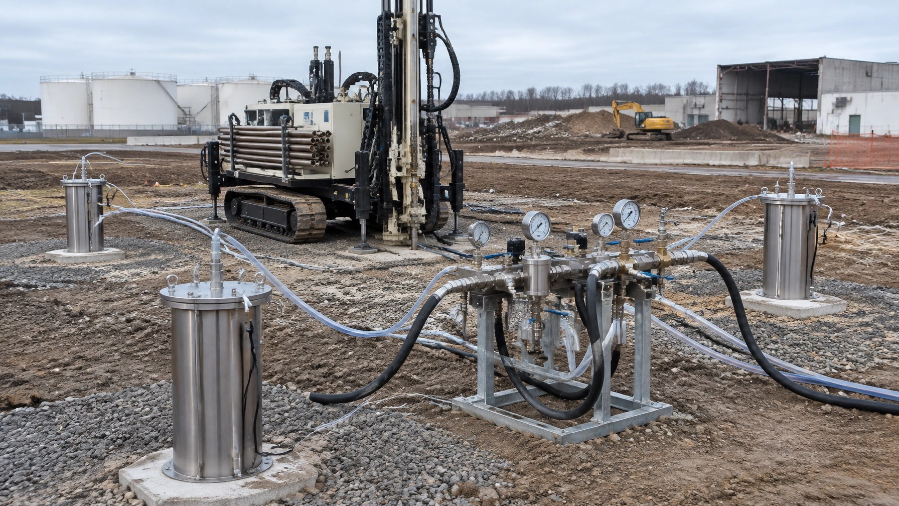 Direct-push injection rig and capped groundwater monitoring wells for in-situ PFAS remediation in New Jersey