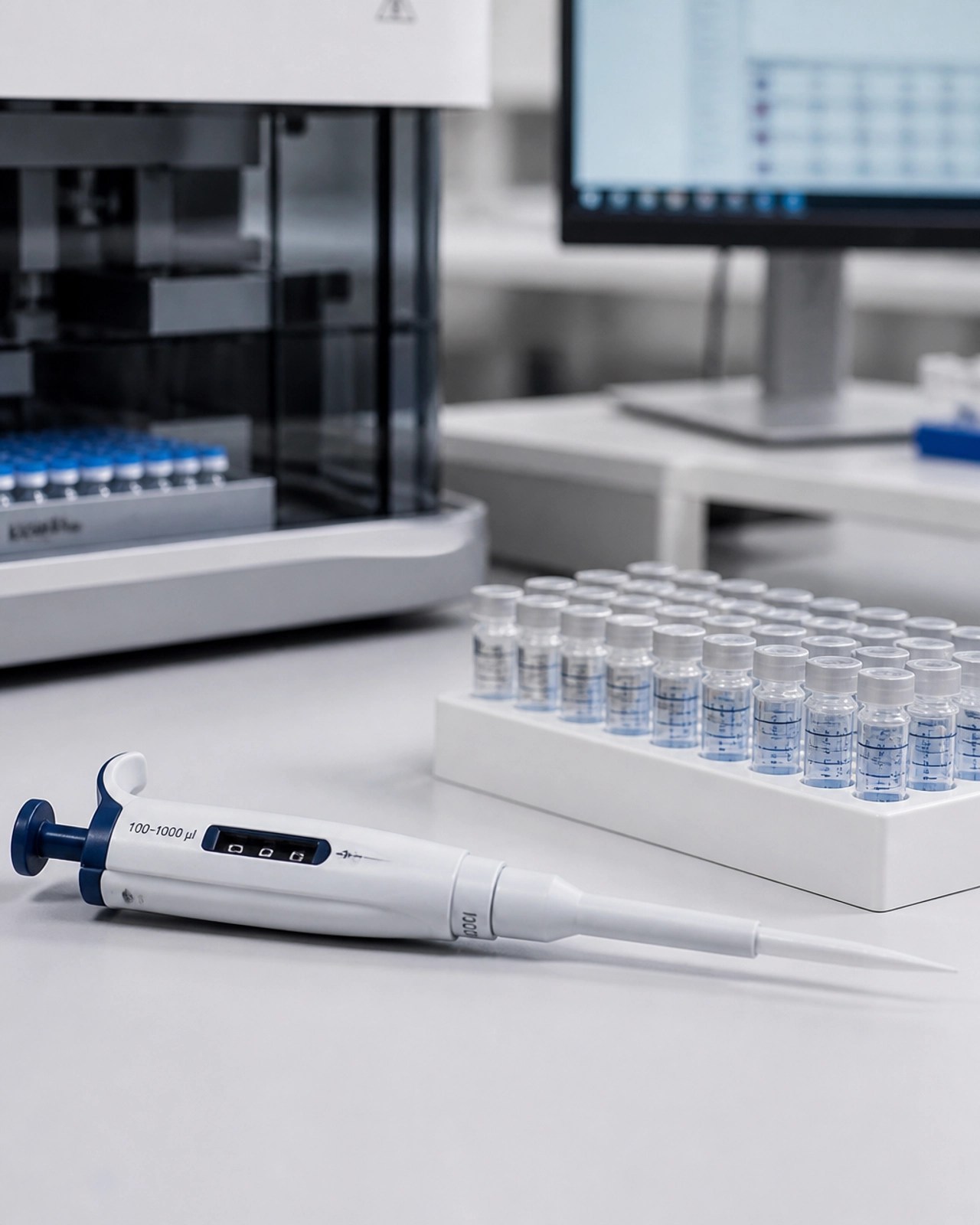 Professional photography of a high-tech laboratory workstation with vials and a pipette