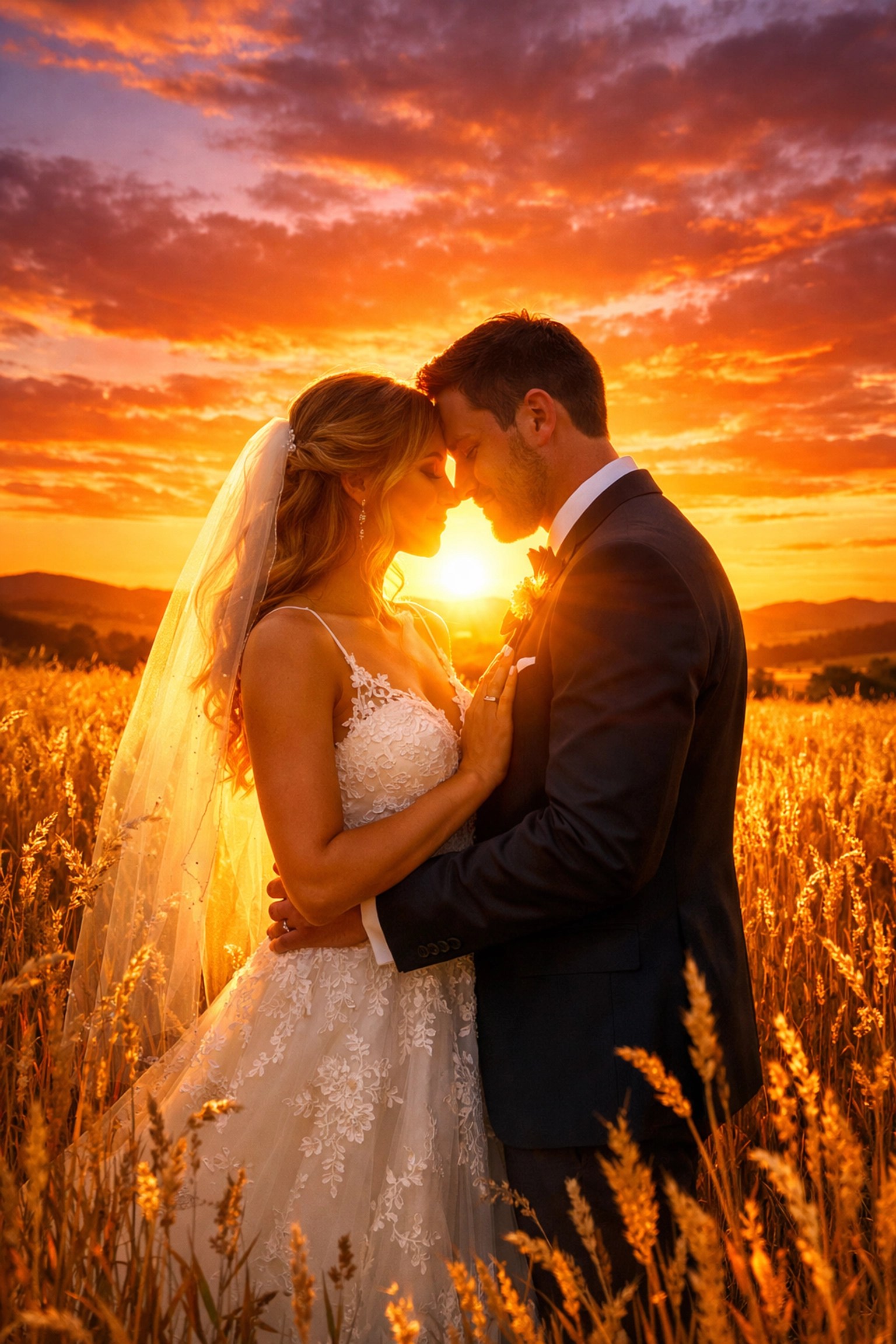 Romantic golden hour wedding portrait of a bride and groom in a field during their sunset photo session.